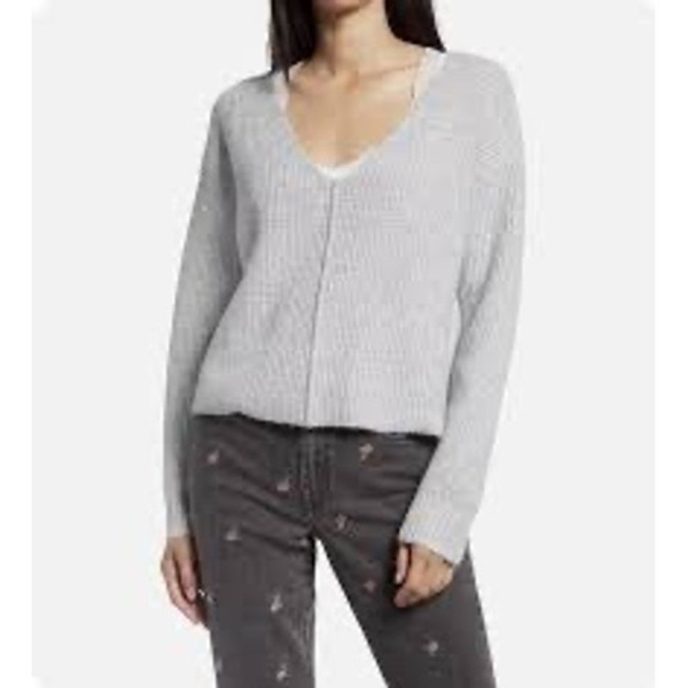 BP Nordstrom Grey Ribbed‎ V-Neck Cropped Weekend Sweater Womens Small